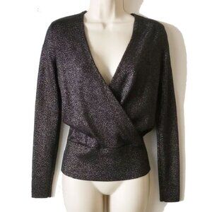NWOT Loft Faux-Wrap Long Sleeve Metallic Top XS Black Gold
